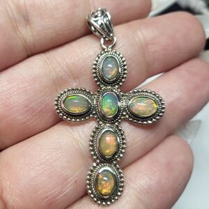 Vintage Ethiopian Welo Opal Sterling Silver Cross Pendant